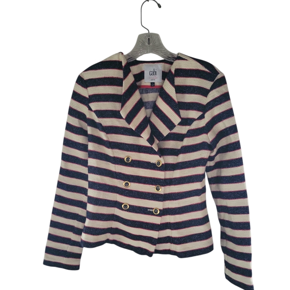 CAbi Navy and Cream Striped Blazer with Gold Accents